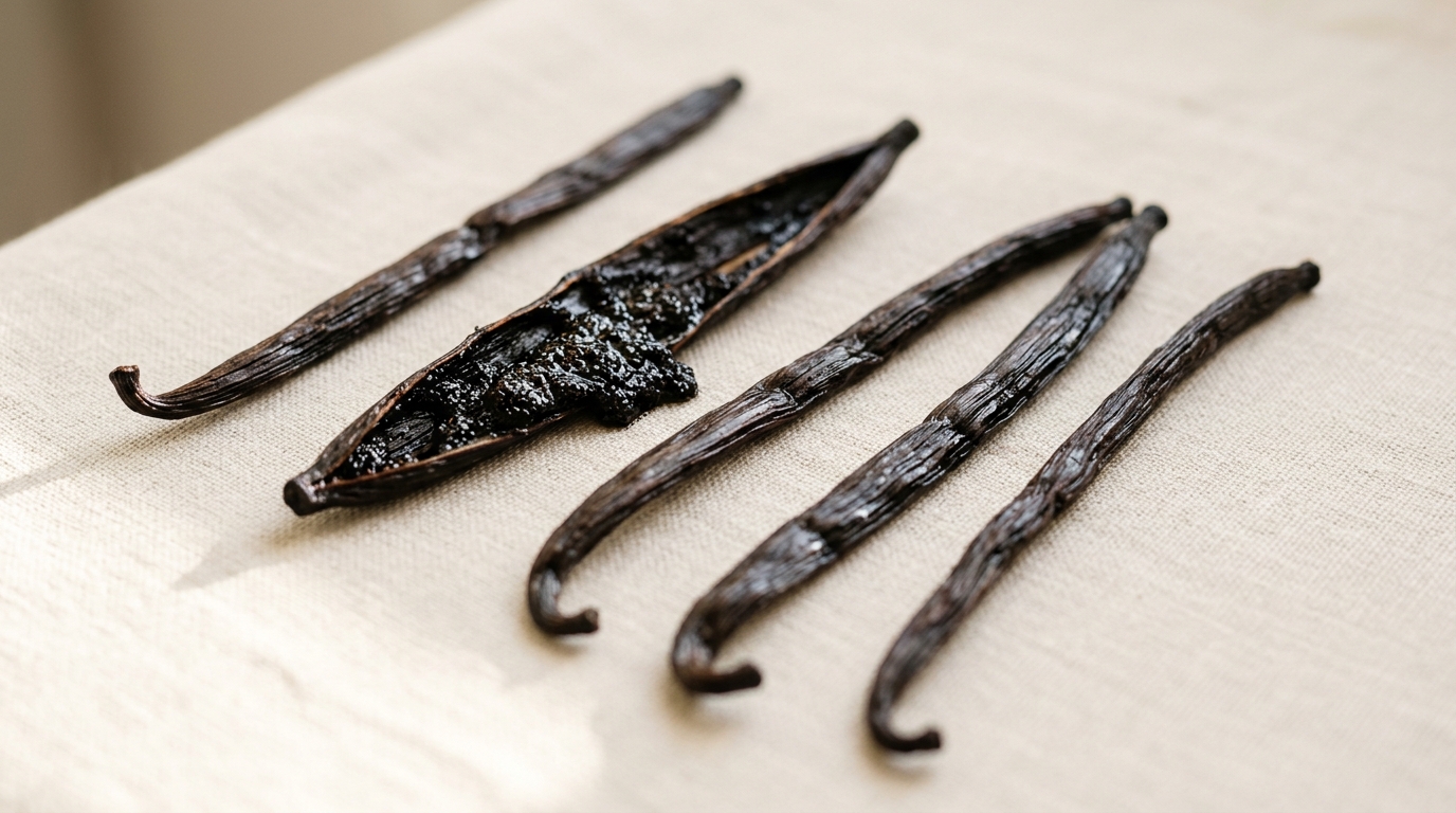 Shallow depth-of-field macro row of cured Javanese vanilla pods with tiny black vanilla seeds on warm linen