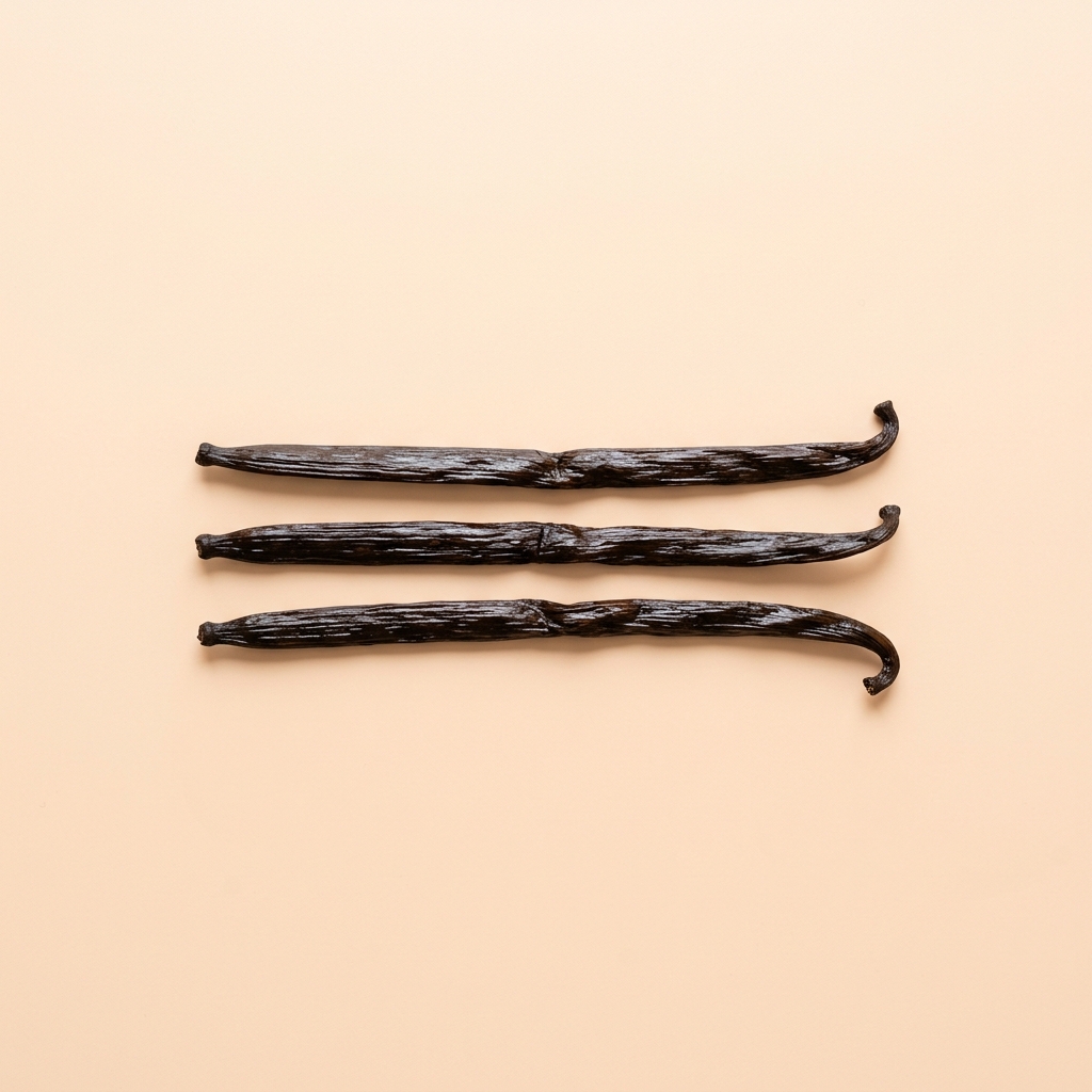 Three glossy dark brown whole cured Javanese vanilla pods