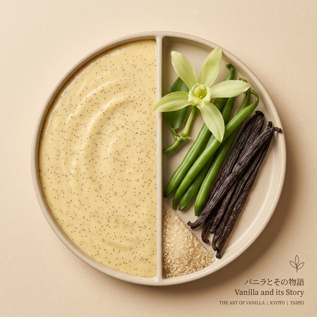 Split circular composition: rich vanilla cream speckled with black caviar seeds on the left, and raw Javanese vanilla orchid, green beans, cured black pods, and cane sugar on the right